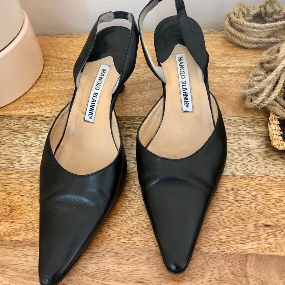 Manolo Blahnik black slingbacks with kitten heel